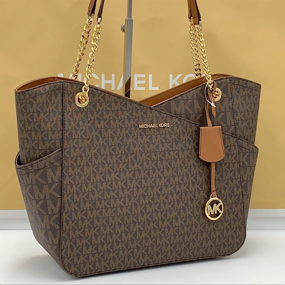 MICHAEL KORS LARGE X CHAIN LOGO SHOULDER BAG BROWN - Picture 2 of 16